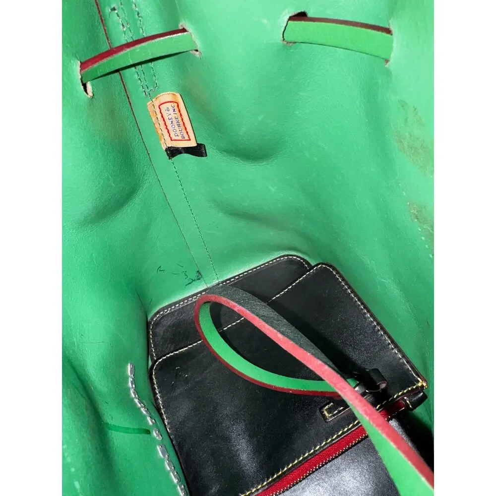 Dooney and Bourke smooth drawstring black green leather Serena Bucket bag purse